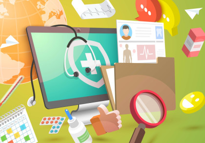 Ein buntes Bild mit verschiedenen medizinischen Symbolen: ein Computerbildschirm mit einem Stethoskop, medizinische Berichte, eine Lupe, Tabletten, ein Terminkalender, ein Thermometer, Medizinflaschen, Sprechblasen, ein Globus und ein Daumen-hoch-Symbol.
