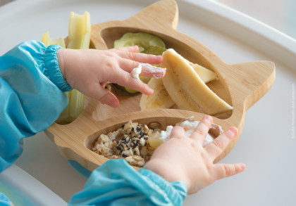 Nahaufnahme von Babyhänden, die auf einem Baby-Esstisch eine bambusförmige Teller mit Bananenscheiben, Gurken, Selleriestangen und Haferflocken mit Sesamkernen berühren. Das Baby trägt einen blauen Ärmel.
