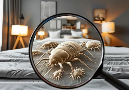 Eine Staubmilbe hinter einer Lupe. Im Hintergrund ein gemütliches Schlafzimmer.