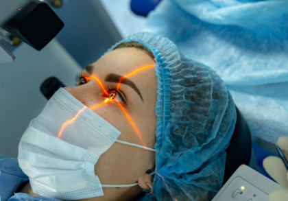 Eine Frau liegt auf einem Behandlungsstuhl und trägt OP-Kleidung. Ihr wird mit einem orangenen Laser in das Auge geleuchtet. 