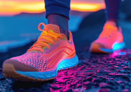 Neonfarbene Laufschuhe auf Schotterweg bei Sonnenuntergang – moderner Sportschuh mit Dämpfung und Stabilität zur Unterstützung der Biomechanik und Vorbeugung von Laufverletzungen.