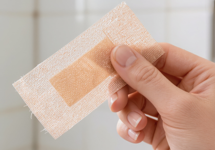 Hand hält ein Pflaster vor hellem Hintergrund, passend zu Wundversorgung und Faktoren, die die Wundheilung stören können.