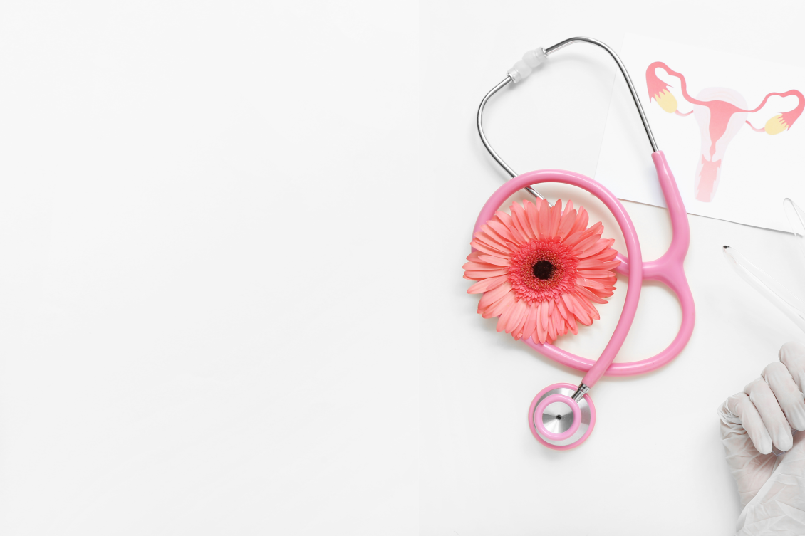 Pinkes Stethoskop mit pinker Blüte einer Gebera auf einer pinken ausgedruckten Grafik einer Gebärmutter