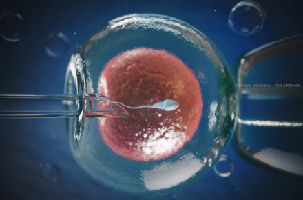 Nahaufnahme einer In-vitro-Fertilisation (IVF), bei der eine Samenzelle mit einer Glaspipette in eine Eizelle injiziert wird.