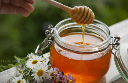 Eine Hand hält eine Honigwabe über ein offenes Glas mit goldenem Honig, aus dem Honig tropft. Neben dem Glas liegen einige weiße Gänseblümchen. Die Szene ist draußen und im Hintergrund ist grüne Vegetation zu sehen.