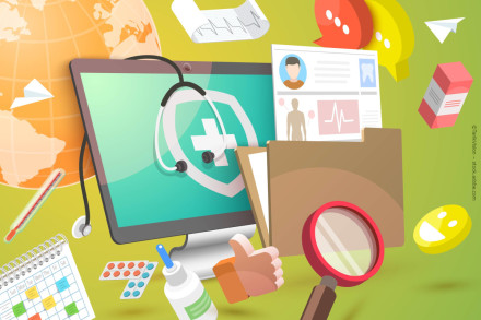 Ein buntes Bild mit verschiedenen medizinischen Symbolen: ein Computerbildschirm mit einem Stethoskop, medizinische Berichte, eine Lupe, Tabletten, ein Terminkalender, ein Thermometer, Medizinflaschen, Sprechblasen, ein Globus und ein Daumen-hoch-Symbol.