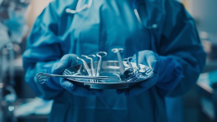 Nahaufnahme des Torsos eines Arztes, der eine Schale mit verschiedenen chirurgischen Instrumenten für eine Operation in beiden Händen hält.