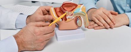 Ein Arzt zeigt mit einem Stift auf die Prostata auf einem Model der männlichen Genitalien. Rechts neben dem Tisch sitzt ein Patient.  
