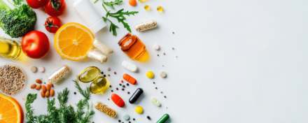 Verschiedene Nahrungsergänzungsmittel, frisches Gemüse, Obst und Samen auf weißem Hintergrund, symbolisch für gesunde Ernährung und Supplementierung.