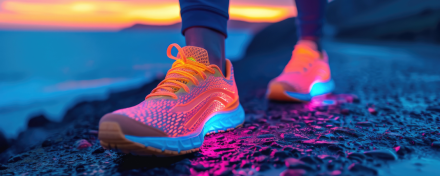 Neonfarbene Laufschuhe auf Schotterweg bei Sonnenuntergang – moderner Sportschuh mit Dämpfung und Stabilität zur Unterstützung der Biomechanik und Vorbeugung von Laufverletzungen.