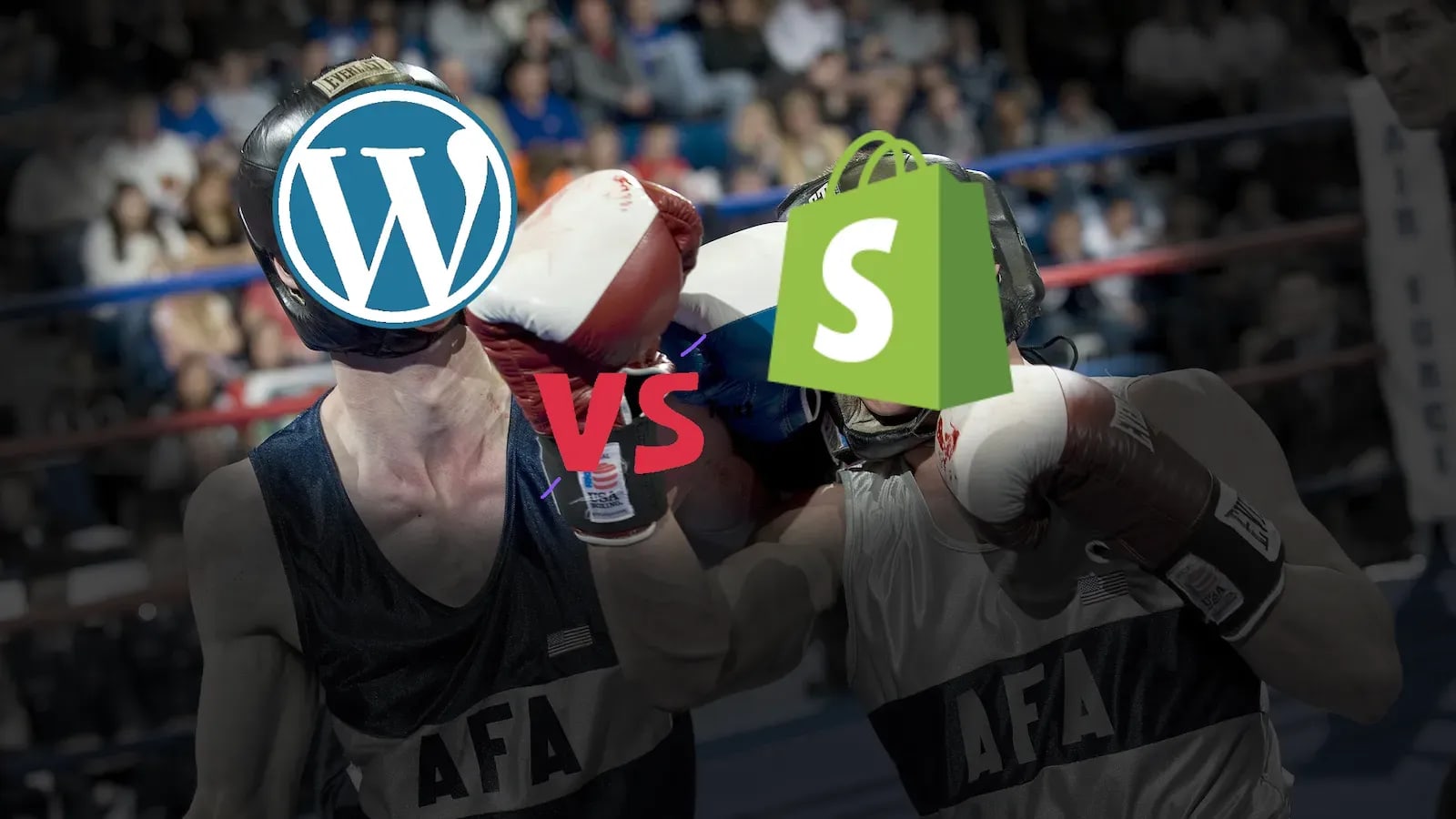 Foto de dois boxeadores com o ícone da Wordpress e Shopify no lugar da cabeça, lutando entre si em um ring de boxe