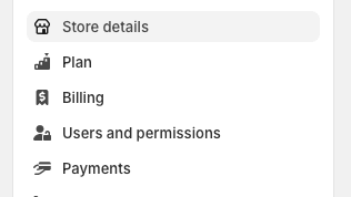 Settings sidebar in shopify, with "Payments" showing as fifth item.