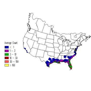 Tricolored Heron winter distribution map