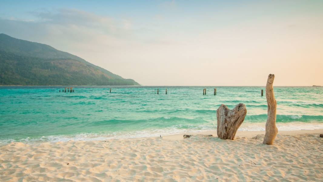 a sandy beach next to a body of water