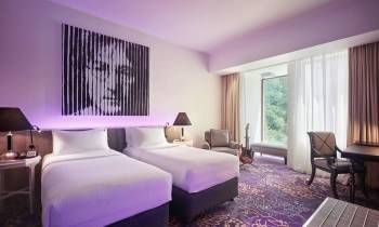 a bedroom with a large bed in a hotel room