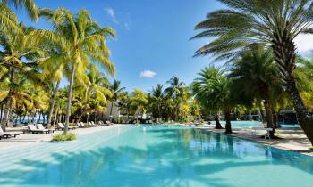 a pool next to a body of water surrounded by palm trees