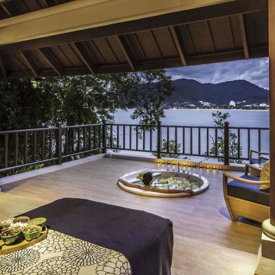 a dining room table in front of a building