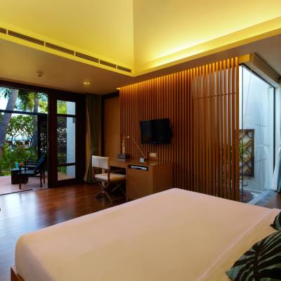 a hotel room with a large window