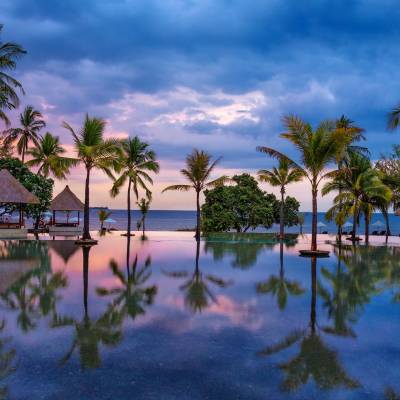a body of water surrounded by palm trees