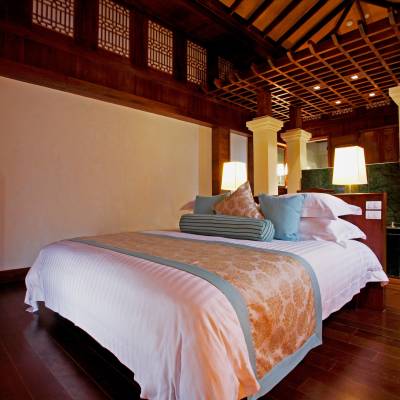 a bedroom with a large bed in a hotel room