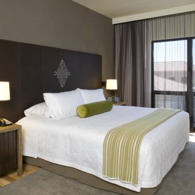 a bedroom with a large bed in a hotel room