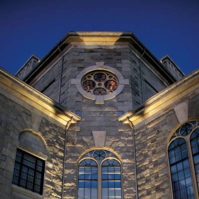 a large building with a clock in the middle of a room