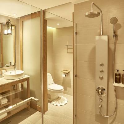 a double sink and large mirror
