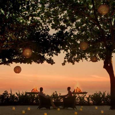 a group of palm trees with a sunset in the background