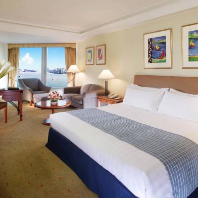 a bedroom with a large bed in a hotel room
