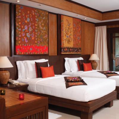 a hotel room with a large window