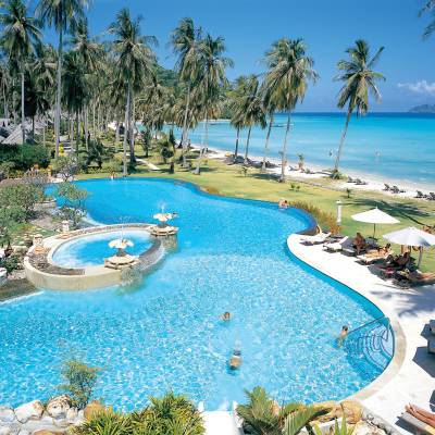 a pool next to a body of water surrounded by palm trees