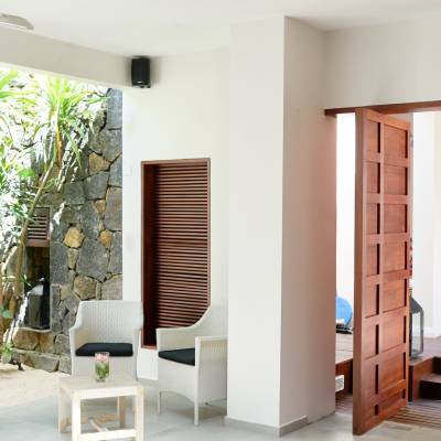 a room filled with furniture and a large window