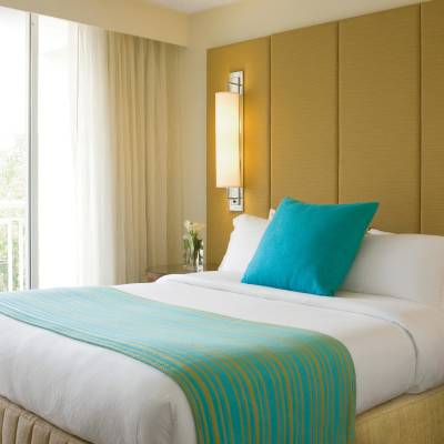 a bedroom with a large bed in a hotel room