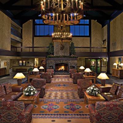 a room filled with furniture and a large building