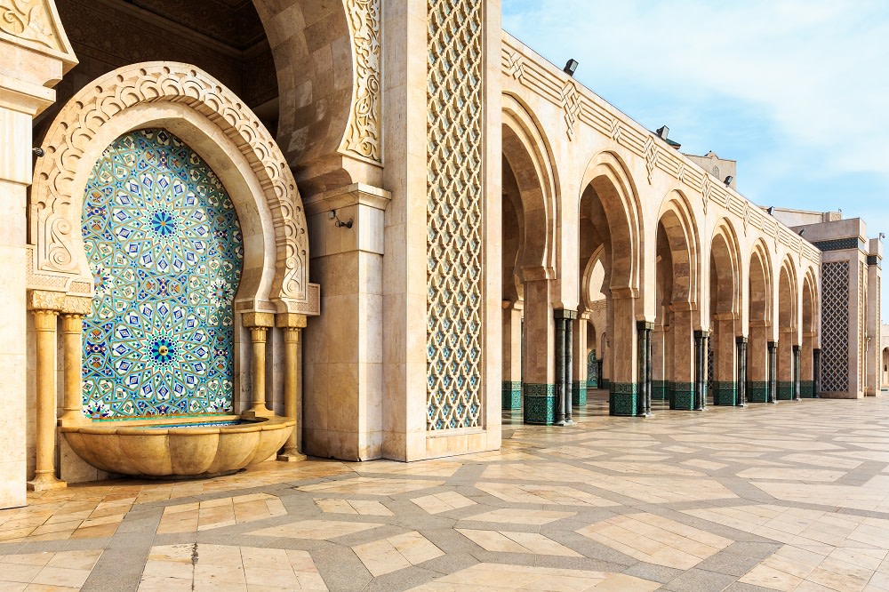 Beautiful fountain at the mosque Hassan second, Casablanca, Morocco Hassan II Mosque of Casablanca