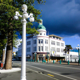 Enchanting Travels New Zealand tours Art Deco street lamp posts in historic Napier rebuilt after 1931 earthquake, New Zealand