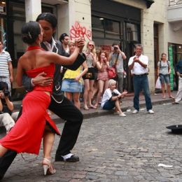 pair of tango dancers perform in San Telmo in Buenos Aires, Argentina, South America