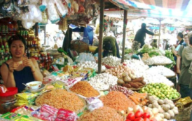 Straßenmarkt in Vietnam mit Verkäuferin und unzähligen Gemüsesorten und Gewürzen