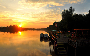 Outdoor area next to the River at Kinabatangan Riverside Lodge, Kinabatangan River in Malaysia