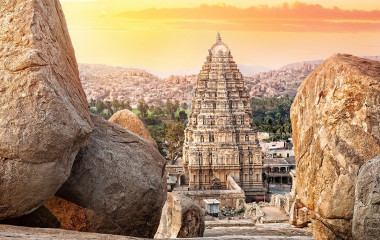Virupaksha temple view from Hemakuta hill at sunset in Hampi, Karnataka, India