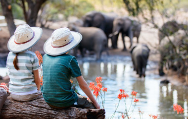 Mutter mit zwei Kindern beobachten Elefanten an einer Wasserstelle in Afrika