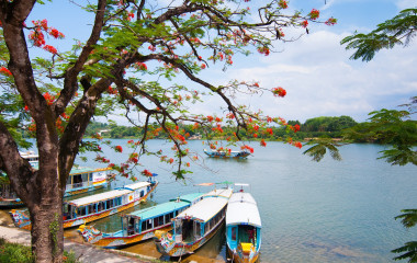 A boat station at Perfume River near Thien Mu pagoda, Hue, Vietnam, Asia