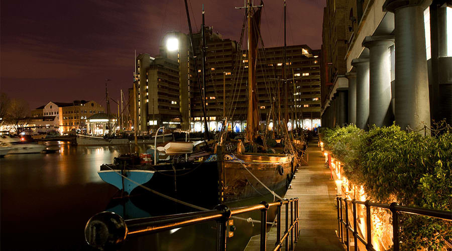 Night time shot of St Katherine’s Docks
