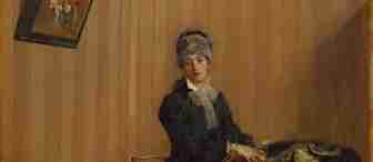 A woman in late 19th-century attire sits in a room with striped wallpaper. She holds a book and is surrounded by travel trunks and clothing. A picture hangs askew on the wall. The scene conveys a sense of travel or transition.