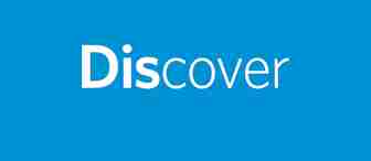 The image features the word "Discover" written in a sans-serif font with a blue background. The first three letters "Dis" appear in bold white, while the rest of the word "cover" is in a lighter weight white font.