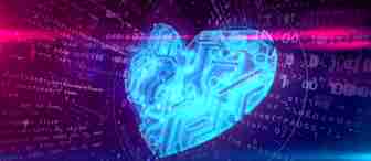 A glowing blue heart composed of circuit patterns is set against a background of dark purple and pink hues, overlaid with binary code and programming text. The image suggests a blend of technology and love or emotions.