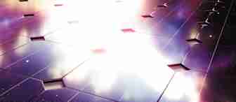 A close-up of a solar panel array with hexagonal cells reflecting a bright light. The image has a futuristic feel, with vibrant purple and pink hues and a gradient background, giving the impression of advanced technology and renewable energy.