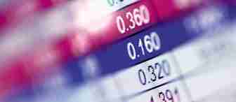 A close-up of a digital display showing rows of numbers, likely representing financial data such as stock market prices or exchange rates. The image features a mix of red, blue, and white colors, with the numbers in various formats like decimals.