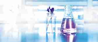 A clear glass jar containing dried flowers sits beside a glass Erlenmeyer flask filled with a light purple liquid. The items are on a shiny table in a laboratory setting, with bright lighting and reflective surfaces creating a clean and modern look.