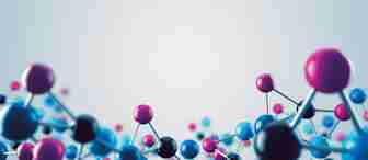 Colorful molecular structure model with variously sized black, blue, and pink spheres connected by thin rods against a soft gradient background. The arrangement demonstrates a complex interconnected network, symbolizing a chemical or atomic interaction.
